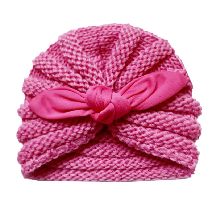 

2019 New Baby Girls Knitted Wool Turban Hat Rabbit Ears Bowknot Toddler Kids Headwrap Winter Warm Beanies Solid Color Bonnet