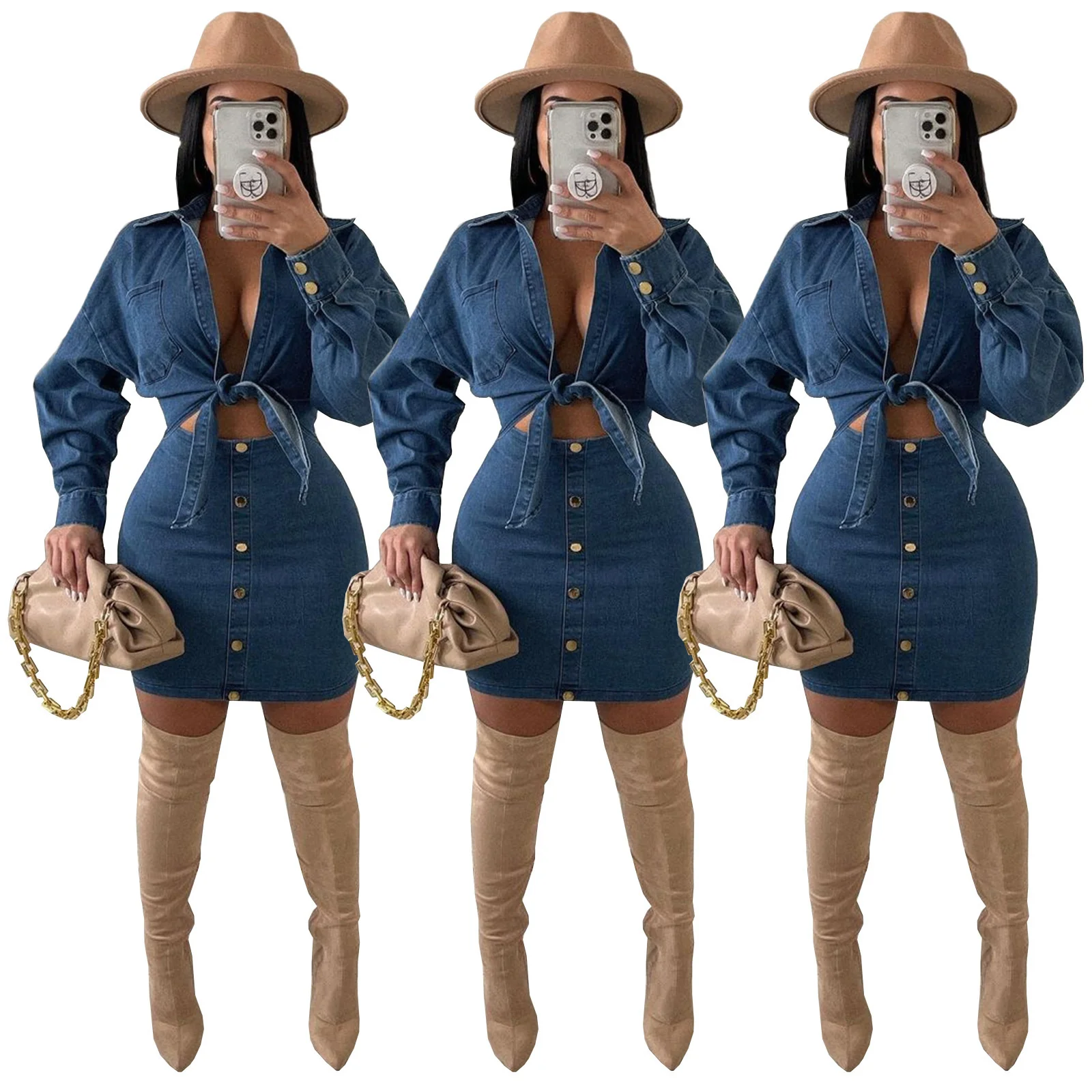 

Cutubly Office Ladies Two Pieces Set Jeans 2022 Womens Denim 2 Piece Skirt Sets Bandage Blouse T Shirts Tops Mini Skirts Suits