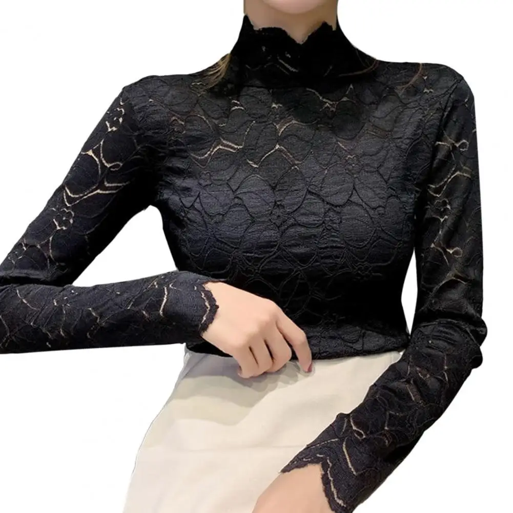 Women Elegant Flower Petal Hollow Out Lace Basic Blouse Long Sleeve Slim shirt