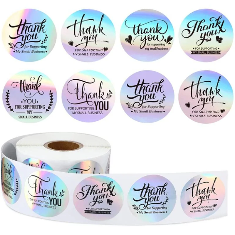

500pcs Thank You Label Stickers Holographic Silver Adhesive Business Labels Rainbow Sticker for Boutiques Shop Wrapping Supplies