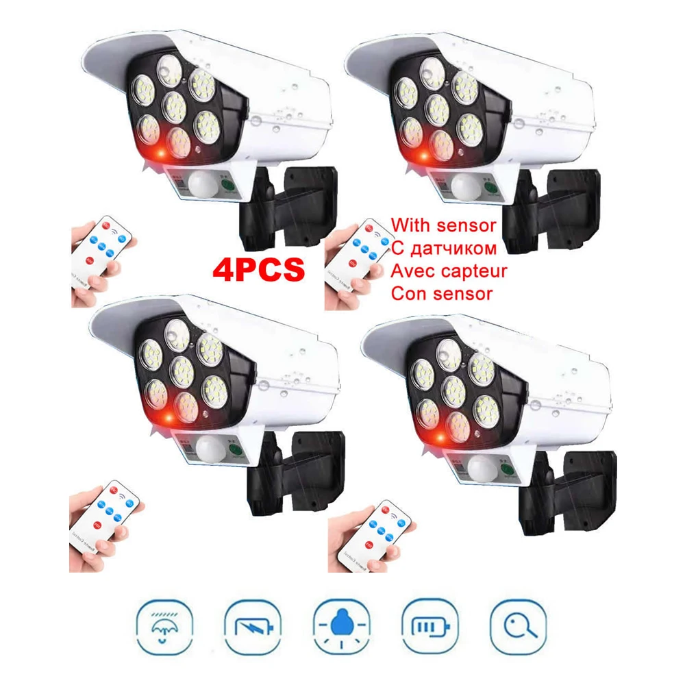 

4pcs remote solar fake monitor dummy camera Light Lamp PIR Motion Sensor Spotlight Waterproof Outdoor Adjustable Angle Lights Fo