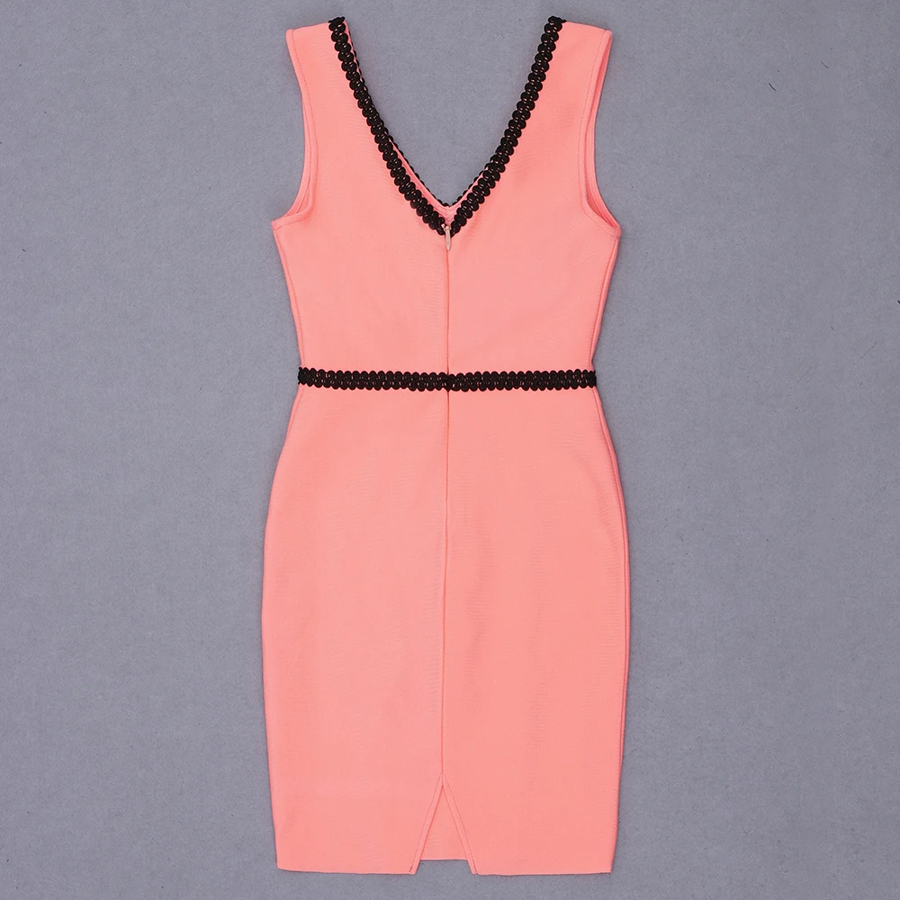 

Halinfer 2021 Sexy Mini Bodycon Pink Sleevelss V Neck Elegant Party Bandage Dress