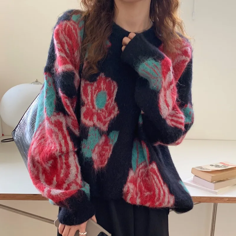 

Женский шерстяной вязаный пуловер, винтажный свободный свитер с цветочной вышивкой, круглым вырезом и длинным рукавом, в Корейском стиле, б...