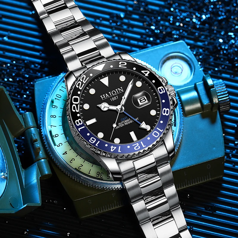 

2022 New Top Brand GMT Automatic Mechanical Mens Watches 40MM Waterproof Stainless Steel Watch HAIQIN Sprots Watch Reloj hombres