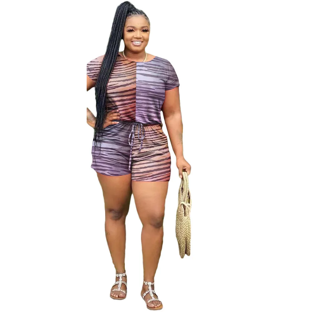 

Plus Size Striped Spliced Sexy Short Playsuit for Women Crew Neck Short Sleeve Beach Bodysuit Summer Drawstring Slim Jumpsuits