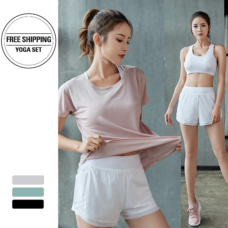 Бюстгальтер + футболка шорты 3 шт. одежда для тренировок комплект спортзала