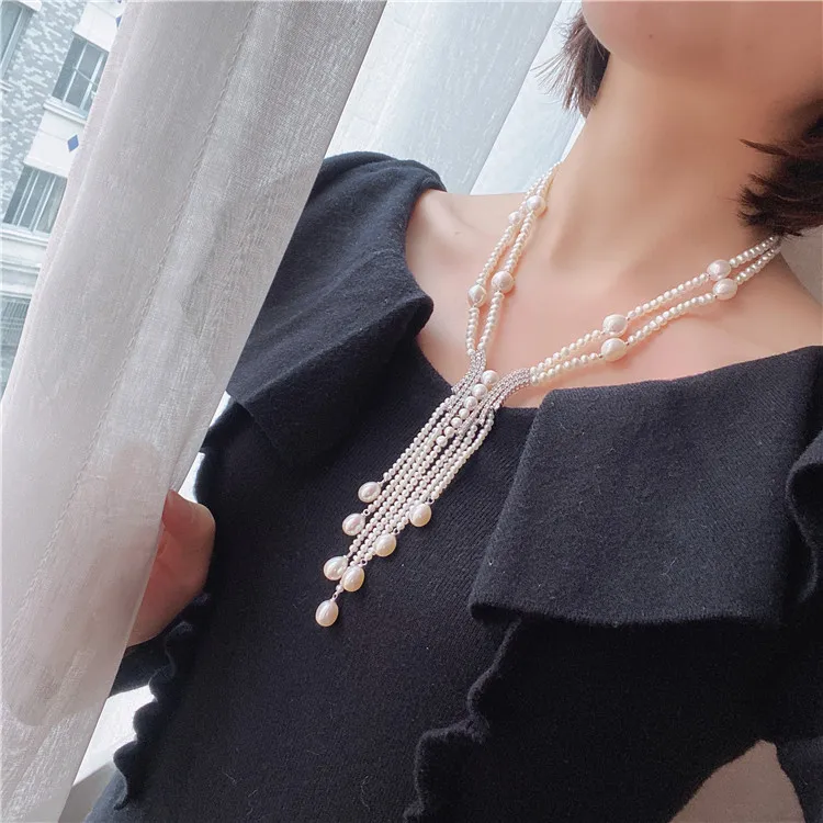 

Hand knotted sweater chain white freshwater pearl micro inlay zircon accessories necklace long 50-53cm fashion jewelry