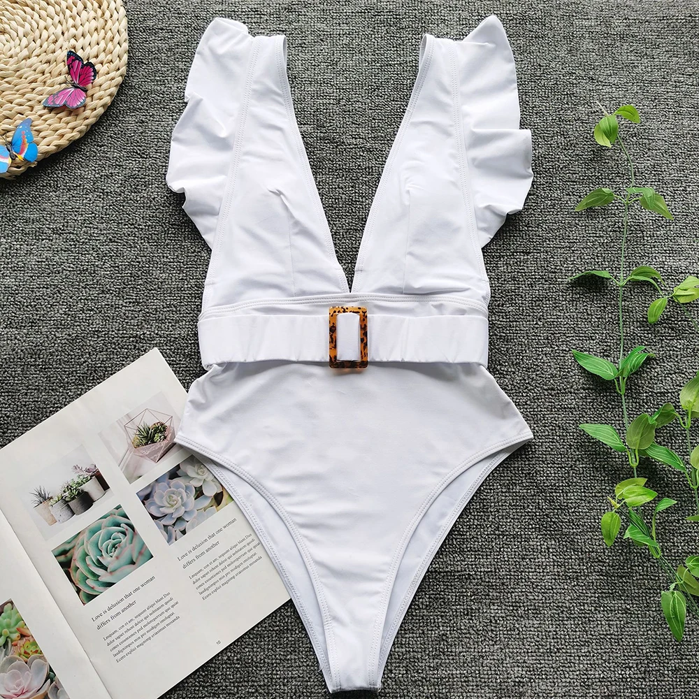 ZTVitality Ruffles White One Piece Swimsuit 2020 New Arrival Padded Deep V-Neck Belt Sexy Swimwear Women Bathing Suit Monokini