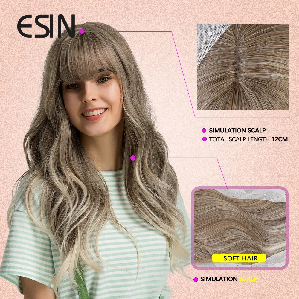 ESIN Synthetic Hair Grey and Brown Ombre to Blonde Long Water Wave Wigs with Bangs Daily Natural Wig for Women Heat Resistant