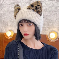 dropshipping new winter warm lovely knitted hats multi color non itchy cuddly leopard ear cute knitted hats for lady