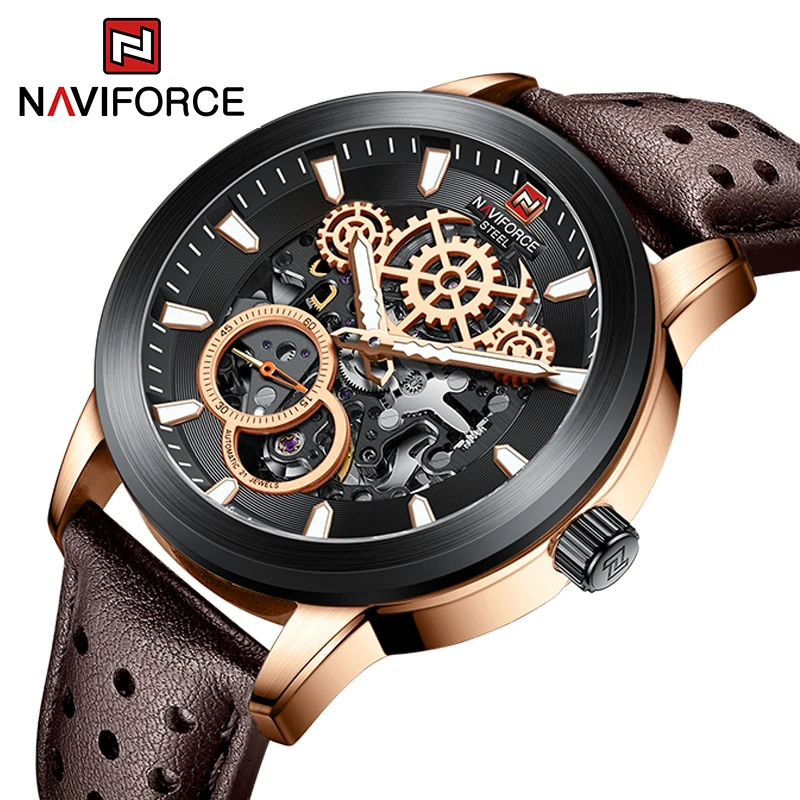 

NAVIFORCE Luxury Genuine Leather Watches for Men Fashion Automatic Mechanical Sport Waterproof Clock with Stopwatch Reloj Hombre