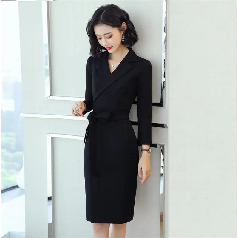 Черное женское платье с длинным рукавом Новинка весна-осень 2021 профессиональное