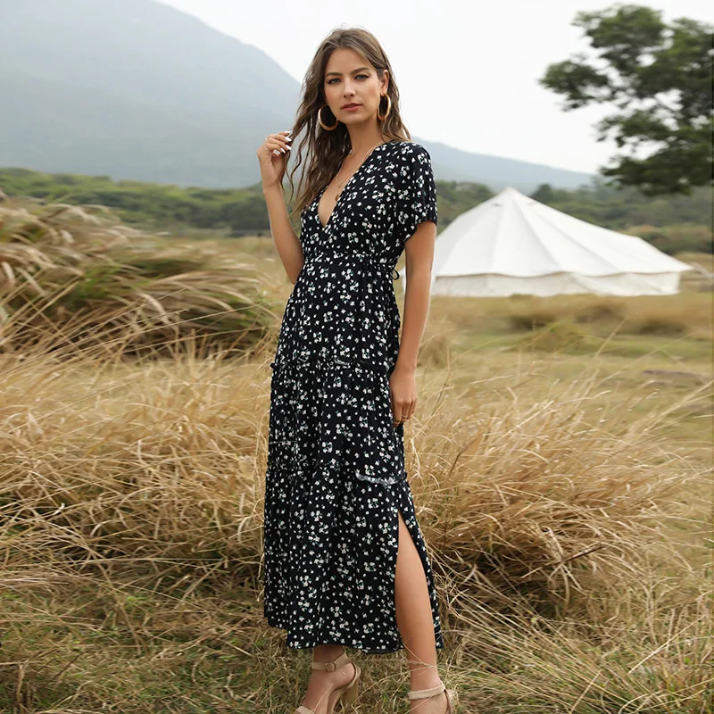 Женское богемное платье с цветочным принтом глубоким v-образным вырезом высокой