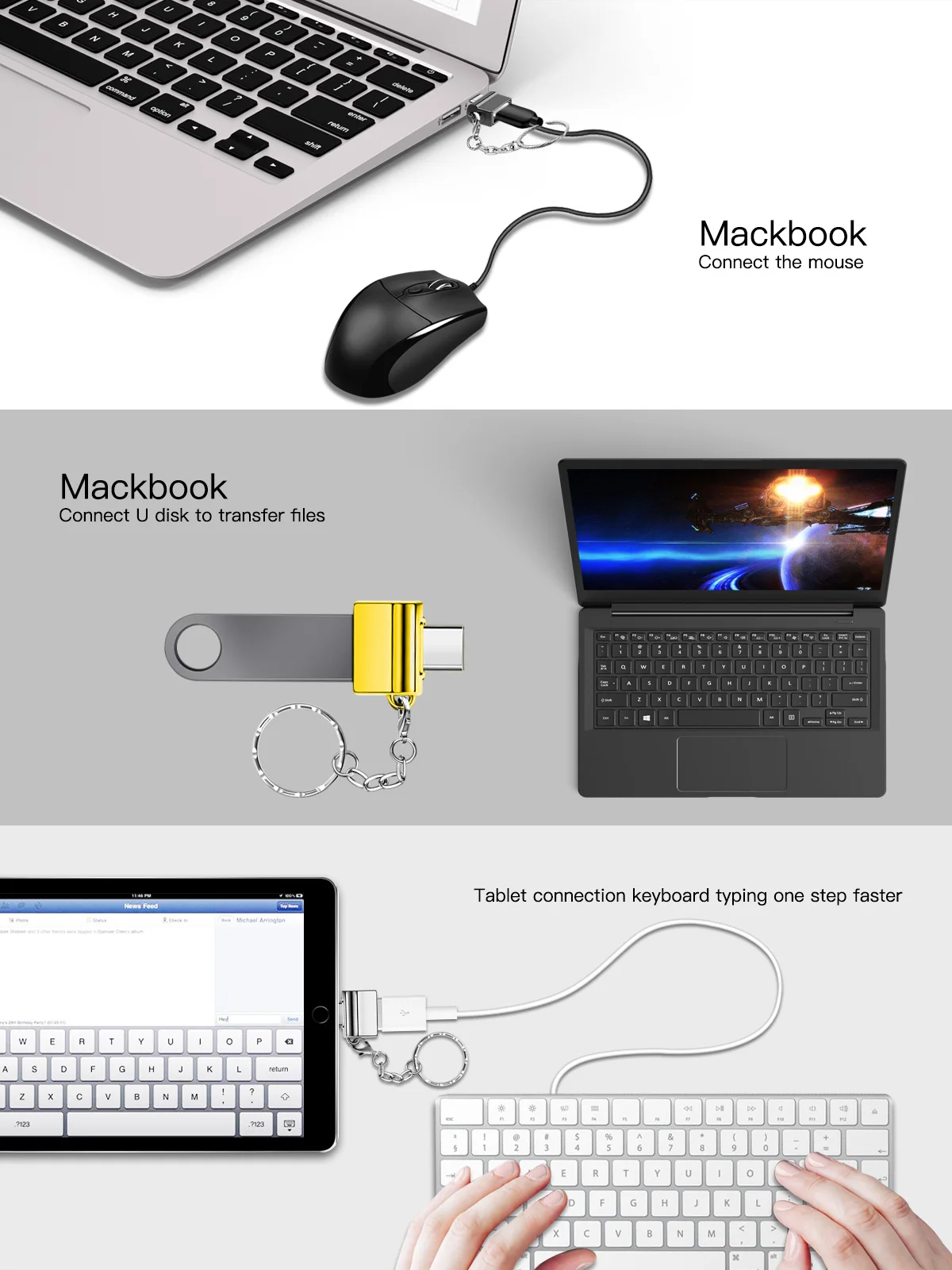 FONKEN usb type C OTG адаптер type-C конвертер USB для usb C PD зарядное устройство Мышь Клавиатура флэш-диск Портативный брелок для ключей OTG штекер