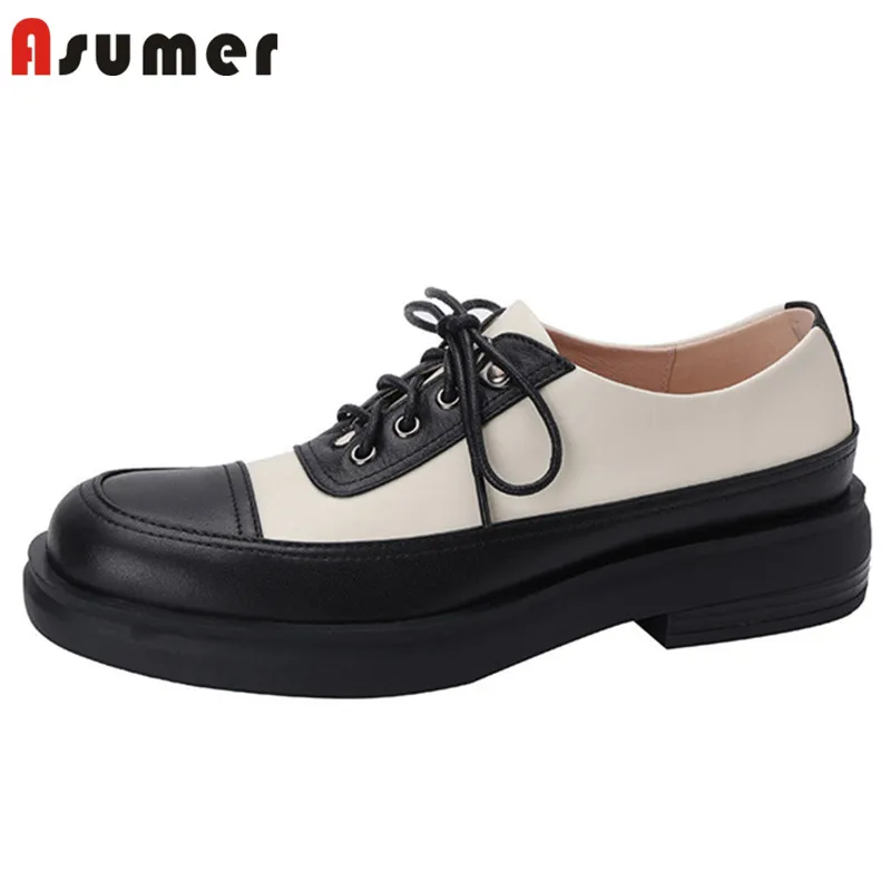 

ASUMER 2022 New Arrive Flat Shoes Women Lace Up Genuine Leather Shoes Mixed Colors Round Toe Spring Fashion Casual Shoes Woman