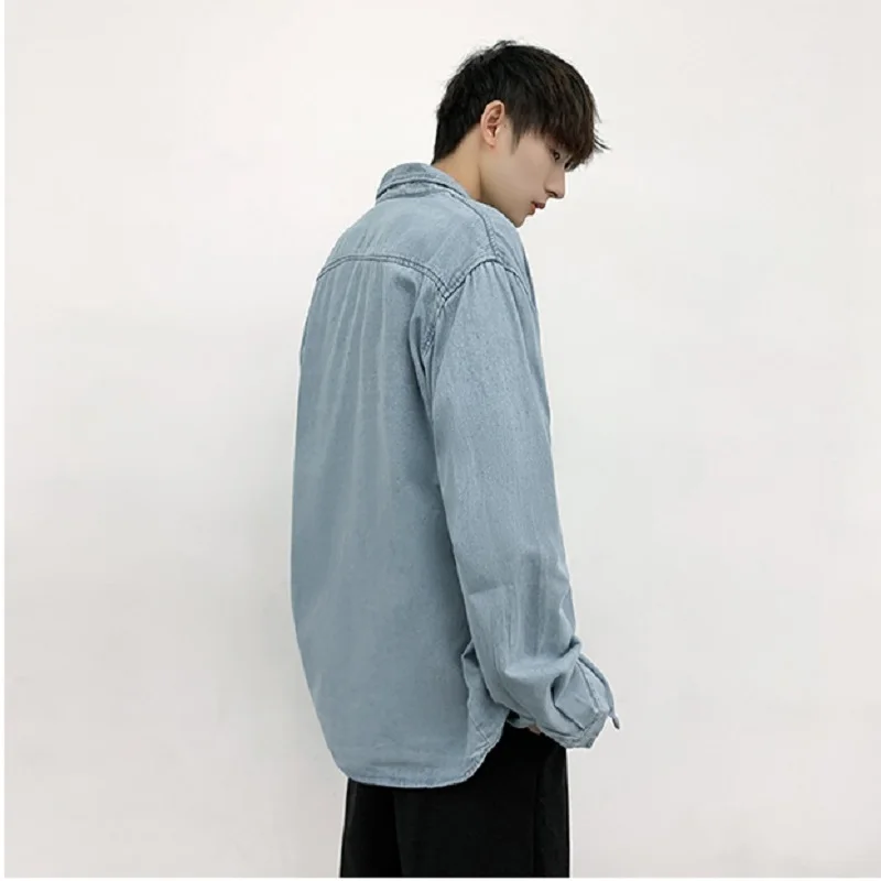 Harajuku Style Denim Shirt Spring and Autumn Long-sleeved Hong Kong Style Casual Loose Shirt Men's Trend Jacket Button Up Shirt