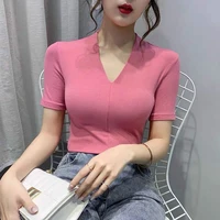 summer new net red ins super fire tight fitting clavicle top sexy v neck solid color pure cotton short sleeved t shirt womens t