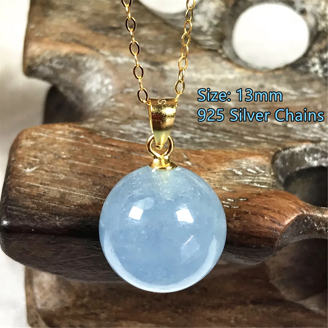

Цепочка с подвеской-кристаллом для мужчин и женщин, ожерелье из натурального синего аквамарина, колье с круглыми бусинами из кристаллов, 13 мм, хороший подарок