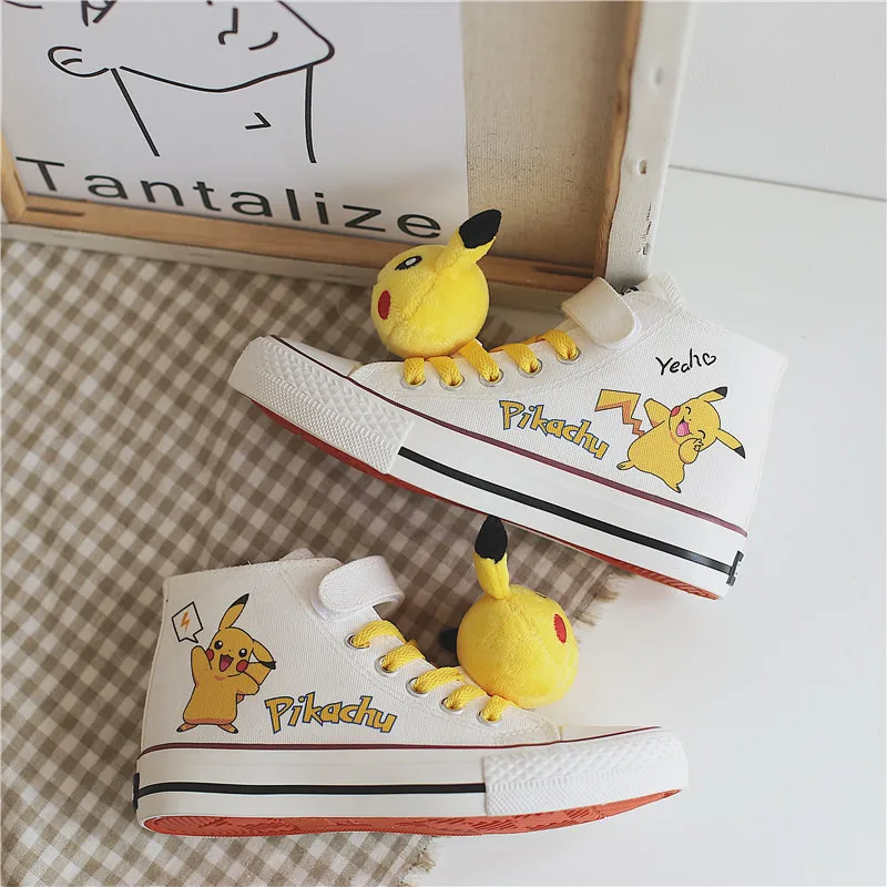 

Kids Cute Pikachu High Top Canvas Shoes Yellow Pupils Cartoon Animation Children Female Flat White Shoes Casual Sneakers New