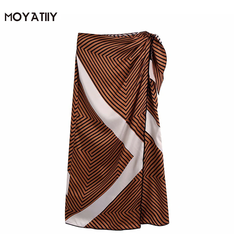 

MOYATIIY Women 2021 Fashion With Bow Tied Striped Print Midi Skirt Beach Style High Waist Open Side Skirts Female Bottoms