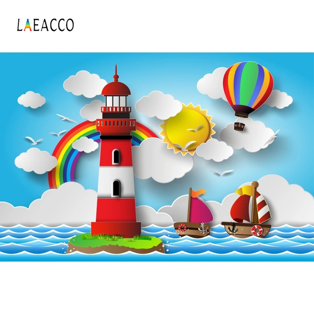 

Laeacco Clouds Balloons Rainbow Lighthouse Ship Baby Birthday Photography Backgrounds Photographic Backdrops For Photo Studio