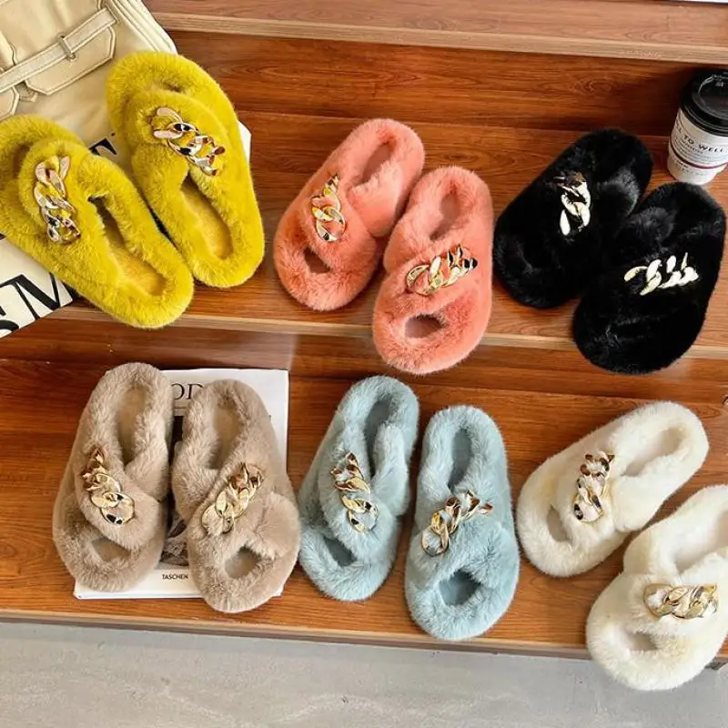 Summer Fluffy Women Slippers Gold Chain Fur Fox Flip Flop Flat Slides Indoor Ytmtloy House Shoes Zapatillas Mujer Casa | Обувь