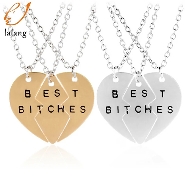 

New Collier Necklace Heart Pendant Pieces Broken Three Best Bitches Necklace Women Necklace Jewelry Collares Mujer