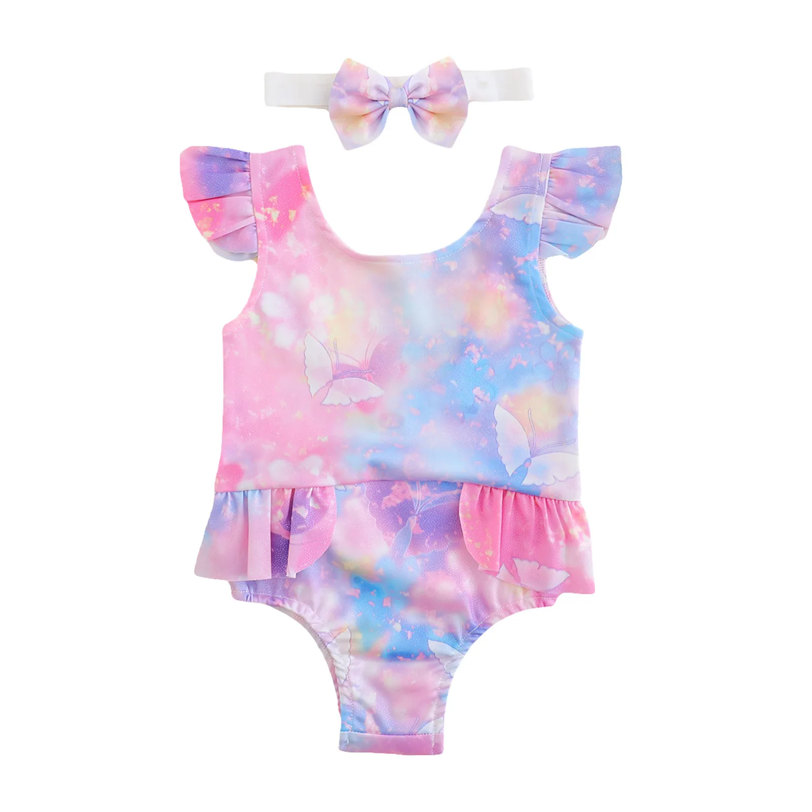 

2021 Toddler Baby Girls Fashion One Piece Rainbow Butterfly print one piece bathing suit Ruffles Swimsuit baby beach Swimwear