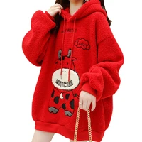 new arrival lamb wool women winter hoodie casual embroidery lucky cute little cow lady sweatshirt korean red pullover female