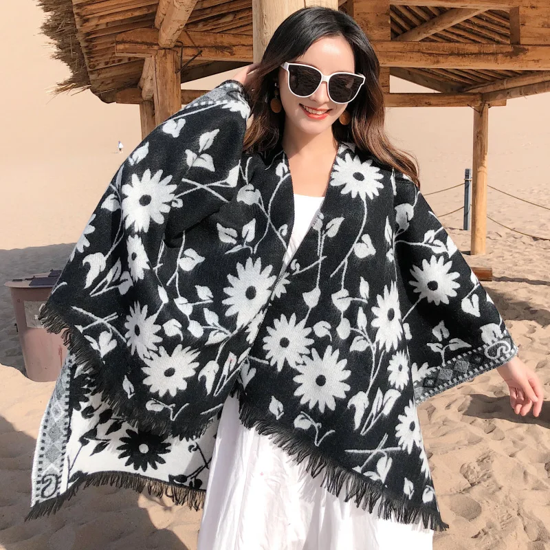 

New Style for Autumn and Winter National Style Women 's Vintage Flower Jacquard Cashmere Cape Shawl Trip Shoot Split Large Shawl
