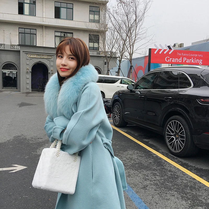 Шуба кашемировая Женская двусторонняя с натуральным мехом лисы поясом длинная