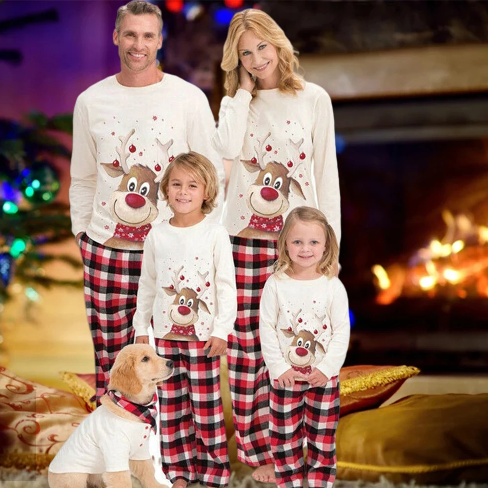 

2021 New Year Family Pajamas Set Christmas Elk Cartoon Deer Print Long Sleeve Sleepwear Suit Adult Kids Cute Party Nightwear