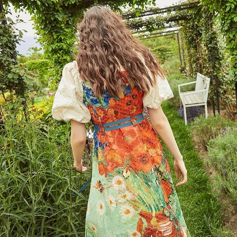 Женское винтажное платье с квадратным вырезом летнее дизайнерское миди принтом