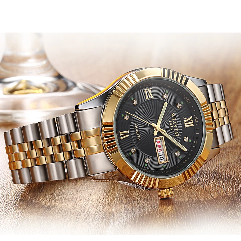 

The latest high-end exquisite stainless steel golden couple watch business men's watch female waterproof watch