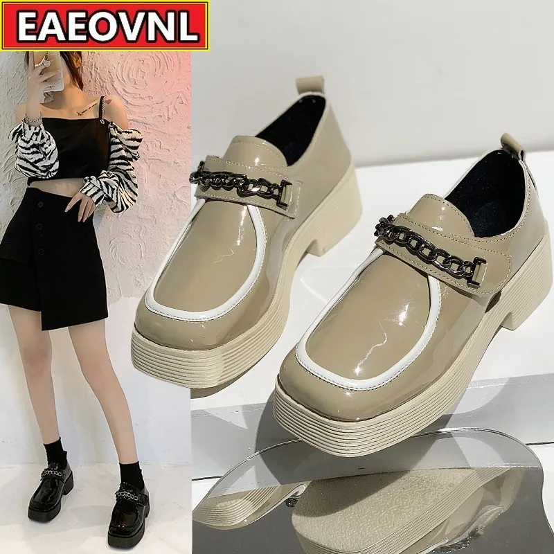 

Patent Leather Shoes Spring and Autumn Small Leather Shoes 2021 New British Wind All-match Square Thick Heel Loafer Shoes