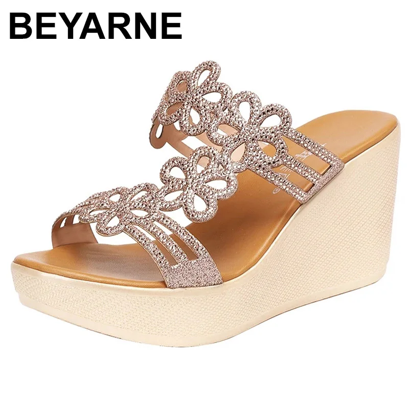 

BEYARNEPlus Size 32-41 Open Head Rhinestone Slippers Women Wedding Shoes Summer 2021 High Heels Wedges Slippers Ladies Slides
