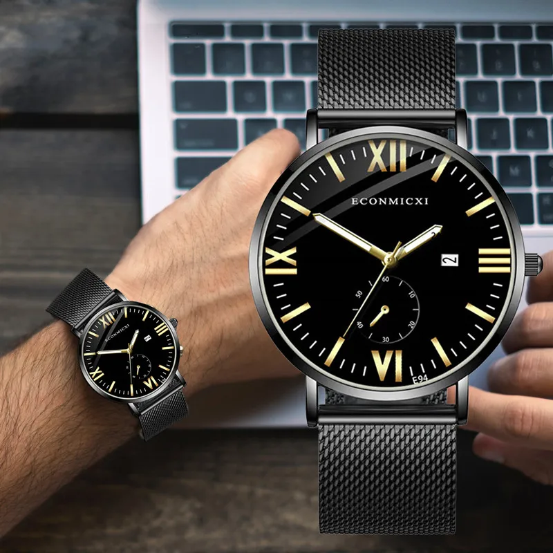Простые мужские часы Роскошные сплав ремешок римская цифра календарь деловые