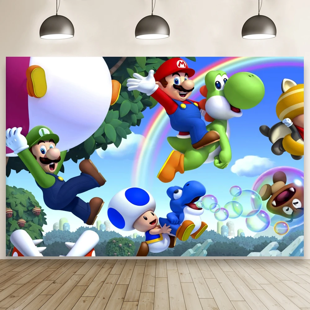 

Kids Happy Birthday Marios Bros Cartoon Photo Background Newborn Baby 1st Party Celebration Super Game Backdrop Cake Table Decor