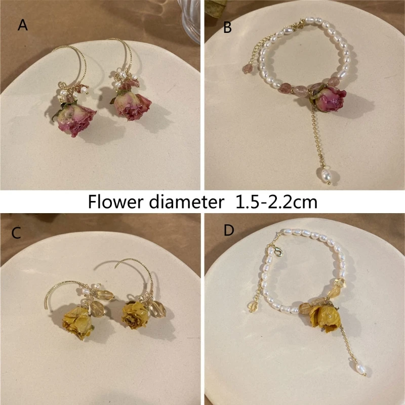 

Handmade Natural Pressed Rose Flower Drop Earrings White Irregular Freshwater Pearl Bracelets Women Fashion Jewelry