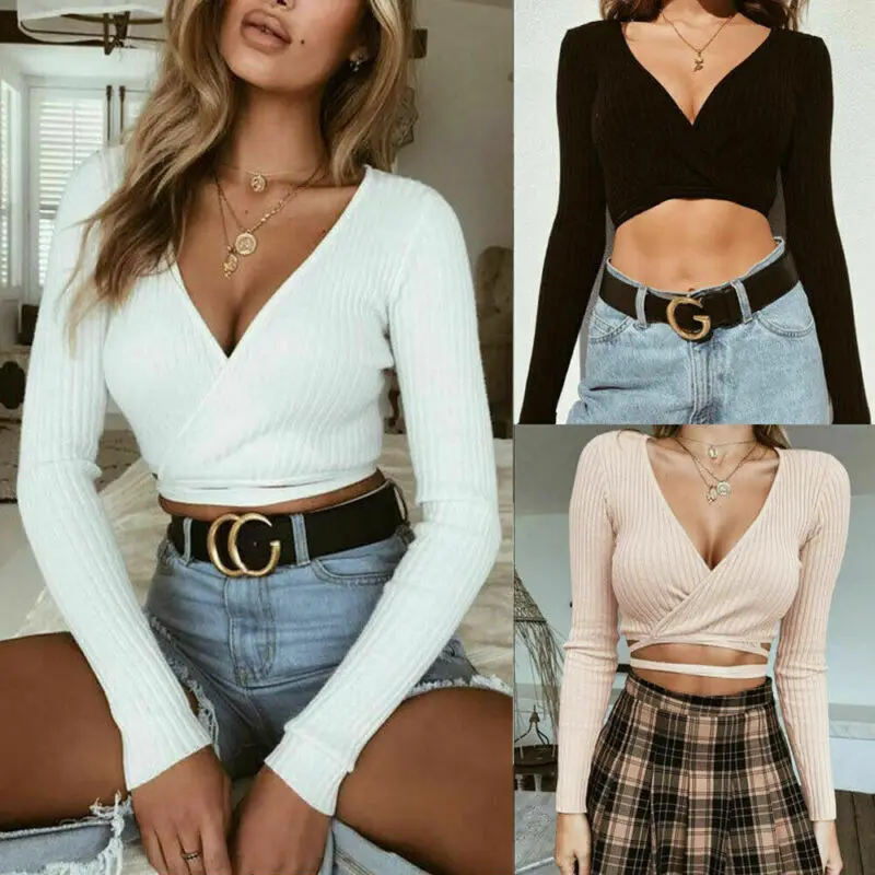 Женский трикотажный топ с V-образным вырезом и длинным рукавом | Женская одежда