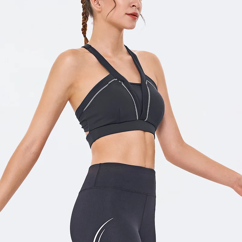 Женский спортивный бюстгальтер с лямкой на шее сетчатый дышащий глубокий v