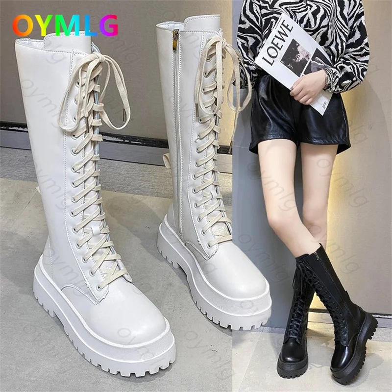 

Long tube Martin boots female British style autumn and winter2021 leather boots waterproof platform thick heel side zipper boots