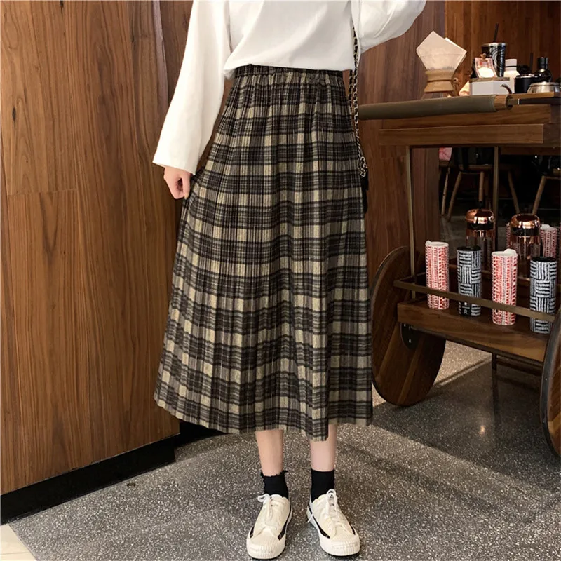 

Limiguyue Spring Korean Style Vintage Pleated Plaid Skirt Women Skirt High Waist Harajuku Female Mid-calf Skirts Streetwear K389