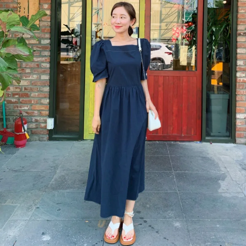 

Цельнокроеное корейское шикарное летнее женское платье 2021 Элегантные повседневные однотонные платья миди с квадратным вырезом на шнуровк...