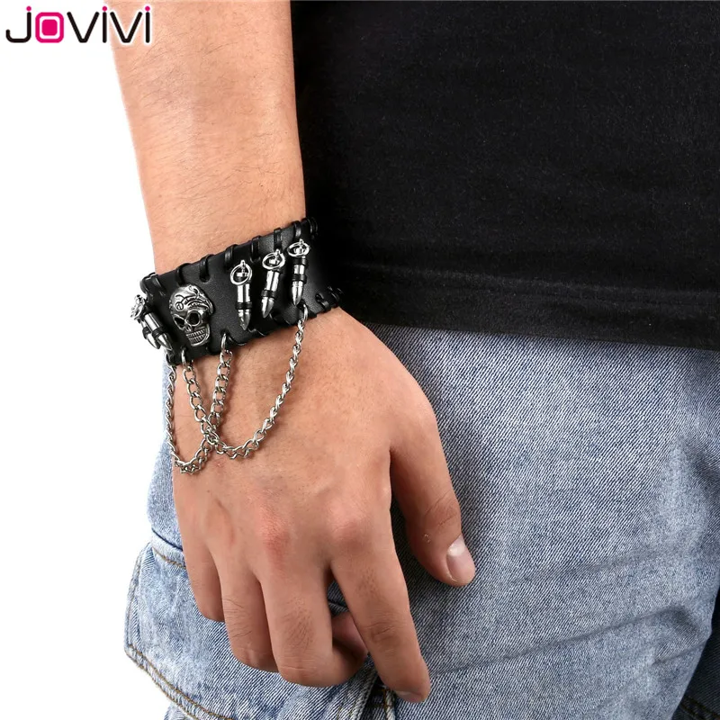 Jovivi 1x мужские браслеты металлические байкерские черные широкие пули черепа