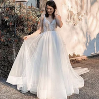 wedding dress v neck tank lace appliques beads tulle backless charming floor length sweep train bridal gowns custom made 2021
