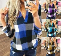 2021 new womens new wish hot sale spring and autumn shirts plaid printed v neck long sleeve tops t shirts 5xl