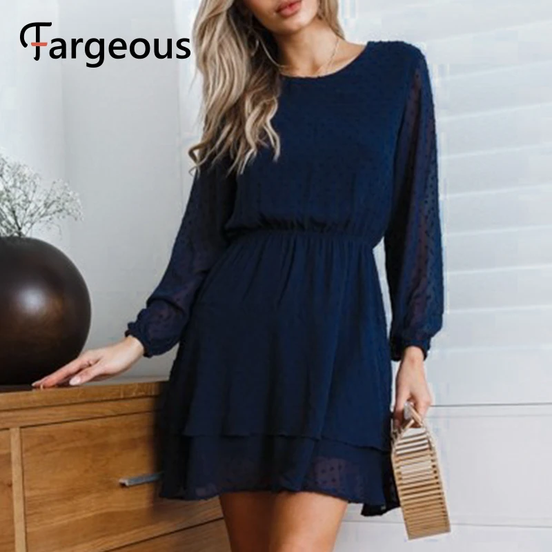 Женское шифоновое платье в горошек осенне-зимнее с длинным рукавом | Женская