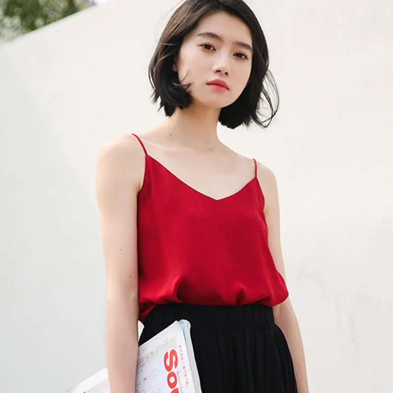 Корейские шифоновые топы женские с V образным вырезом без рукавов летние Топики