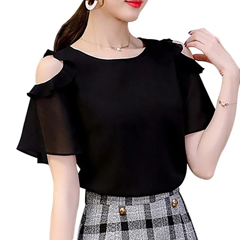 

Women Solid Color Ruffles Blouses Short Sleeve Cold Shoulder Chiffon Blouse Summer Office Lady Tops